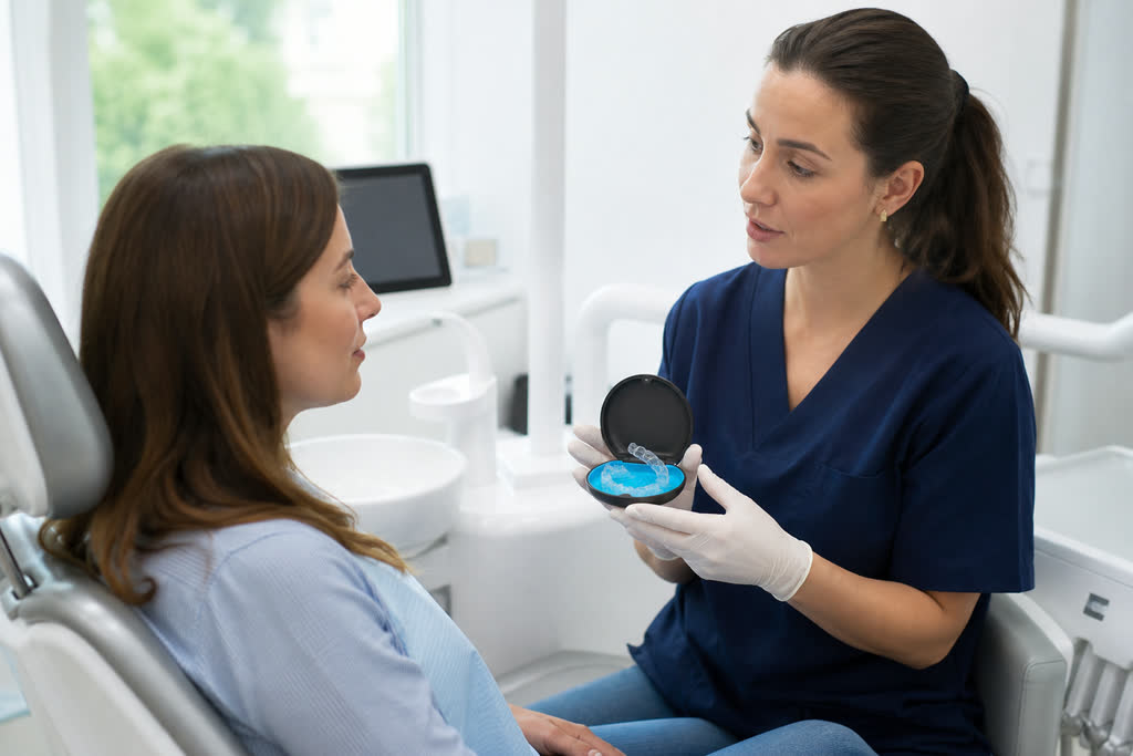 Médica dentista a explicar alinhadores transparentes a uma paciente em consulta