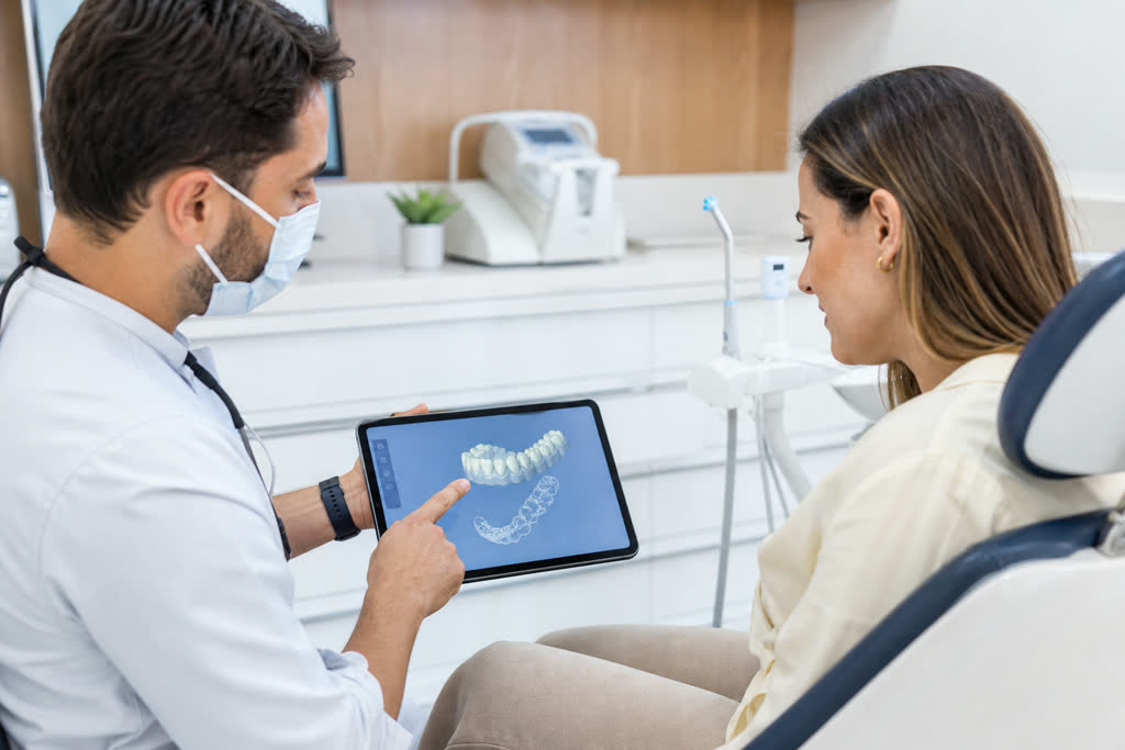 Médico dentista a explicar planeamento digital de alinhadores transparentes numa consulta