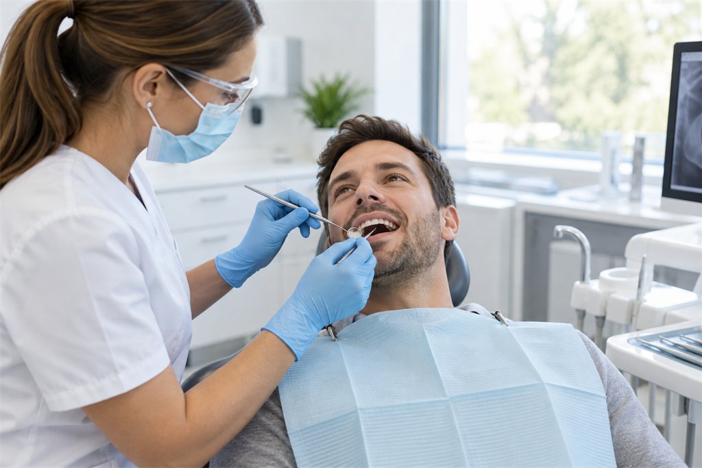 Profissional de medicina dentária a avaliar a saúde gengival de um paciente em clínica