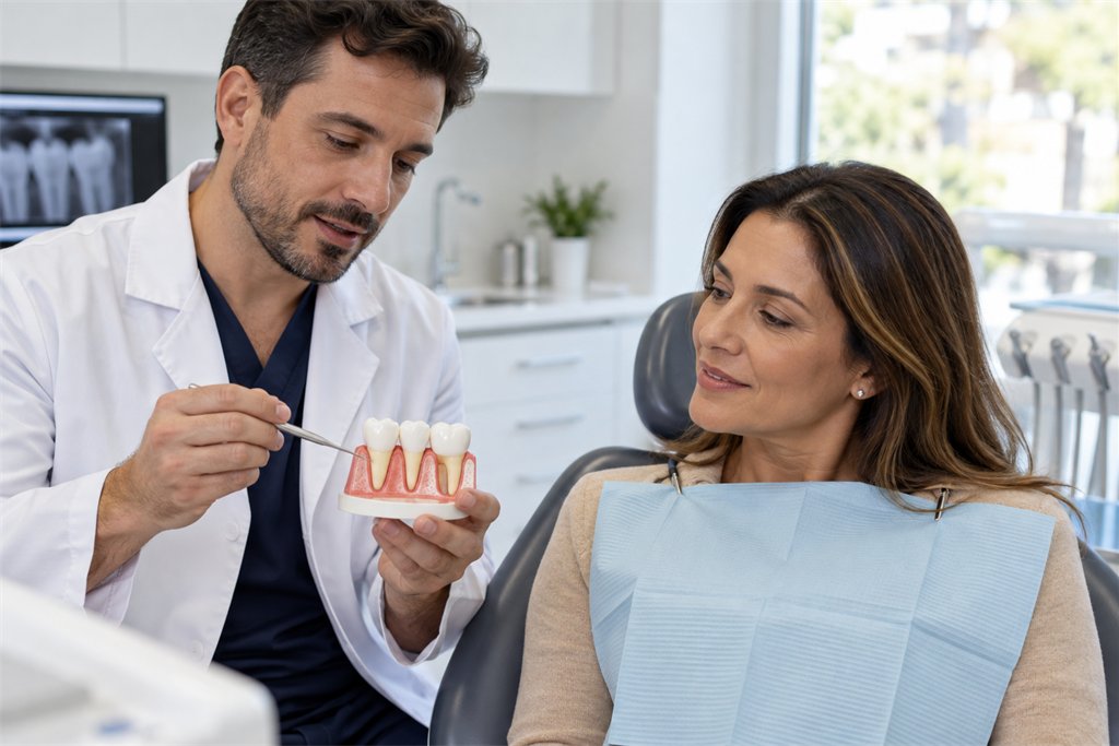 Médico dentista a explicar retração gengival a uma paciente durante consulta