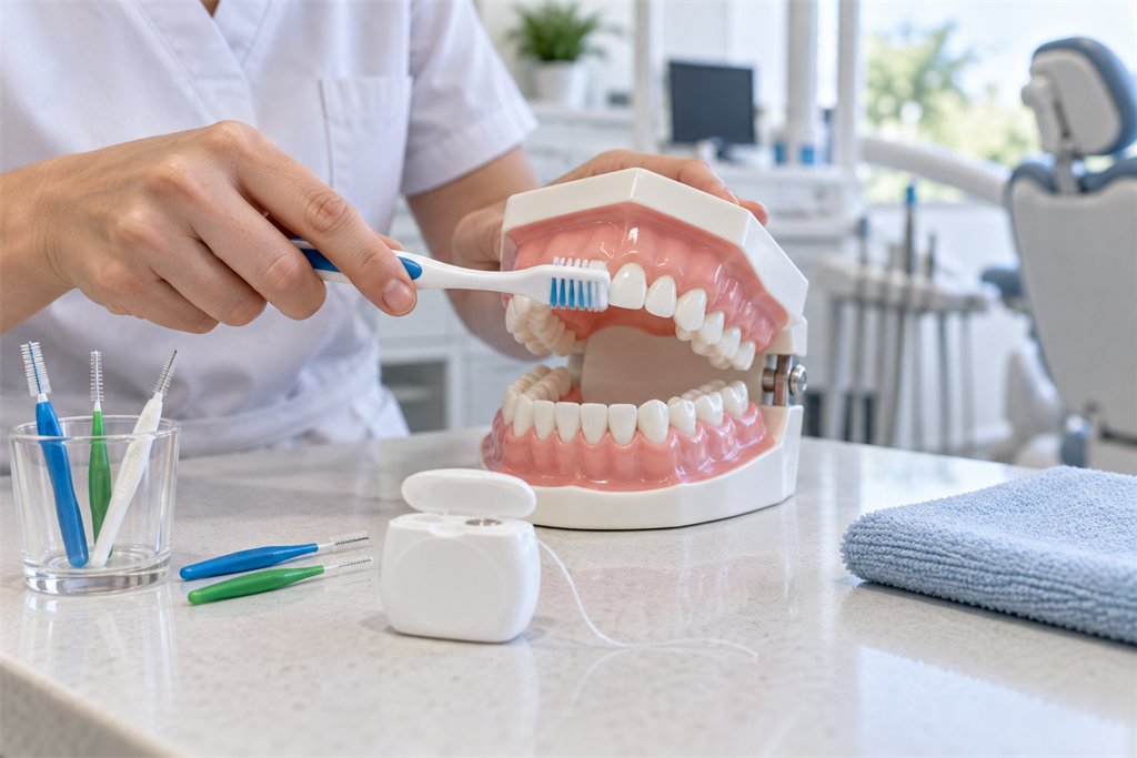 Demonstração de escovagem suave junto à gengiva com modelo dentário em clínica