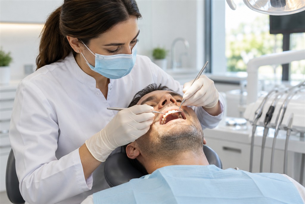 Avaliacao da mobilidade dentaria Profissional de medicina dentária a avaliar os dentes de um paciente em clínica