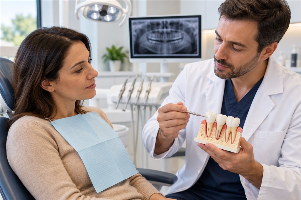 Dentista a explicar mobilidade dentária a uma paciente durante consulta