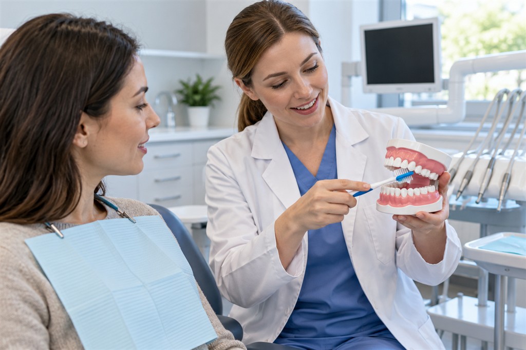 Cuidados de higiene oral Dentista a explicar cuidados de higiene oral com um modelo dentário em clínica